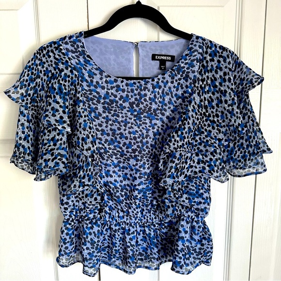 Express Leopard Animal Print Tiered Ruffle Peplum Womens Blue Top M Boho Chiffon - Picture 1 of 12